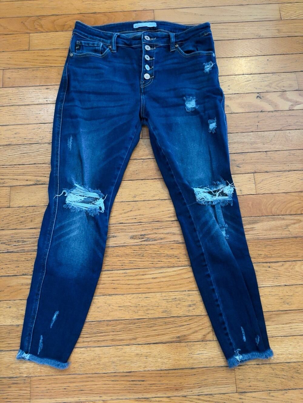 KanCan Womens 29 High Rise Skinny Jeans Distressed Button Fly Raw Hem Stretch